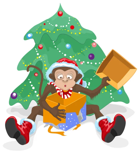 O macaco abriu a caixa com presentes. Símbolo do macaco 2016 — Vetor de Stock