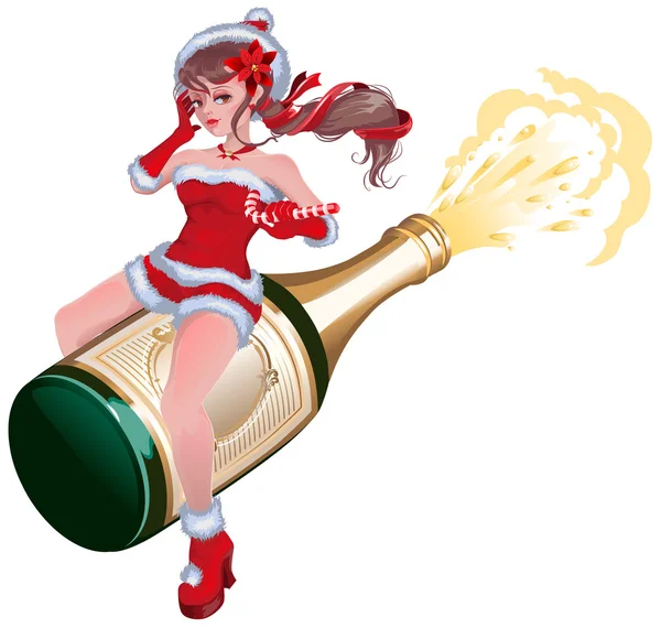 Dziewczyna Santa leci na butelkę szampana. Panieńskie pływające na butelkę — Wektor stockowy