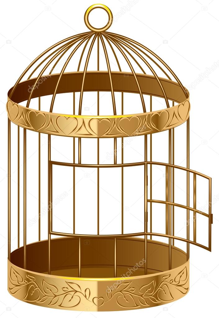 Open gold birdcage. An empty birdcage