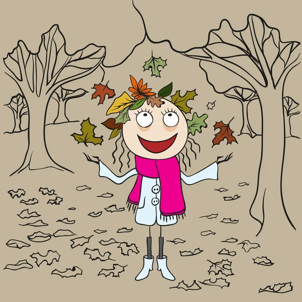 Fille dans le parc jette feuilles d'automne. Paysage d'automne — Image vectorielle