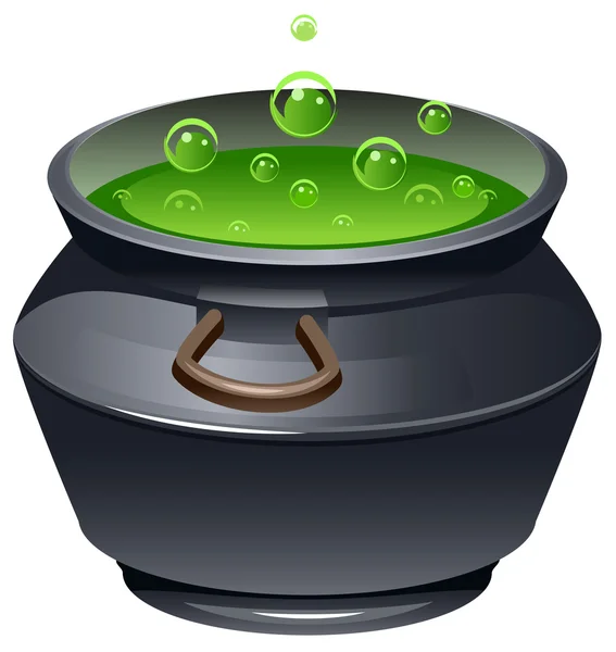 Green magic potion in cauldron. Boiling pot. Halloween accessory object — Stock Vector