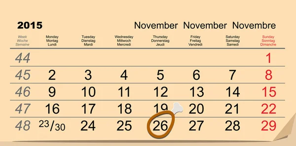 November 26, 2015 Thanksgiving Day. Kip been symbool op kalender — Stockvector