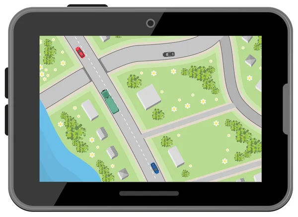 Karte mit Anfahrtsbeschreibung. Ansicht von oben. schwarzes digitales Tablet. Navigation im Auto — Stockvektor