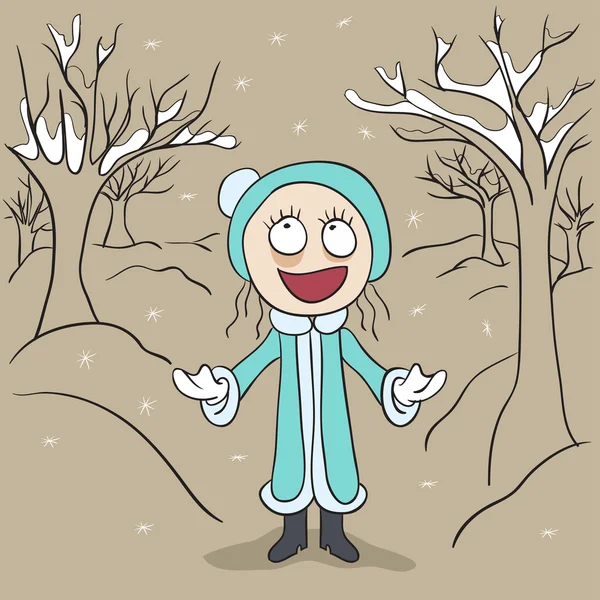 女孩在冬季公园欢喜第一场雪 — 图库矢量图片