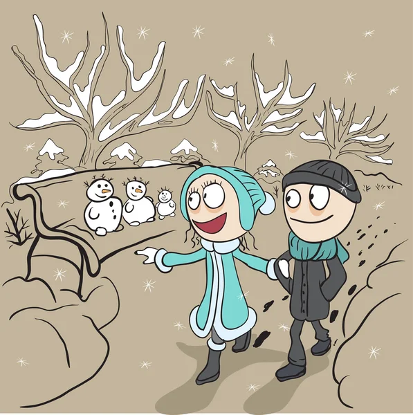 Amantes hombre y mujer caminan en el parque de invierno. Pareja cariñosa a pie — Vector de stock