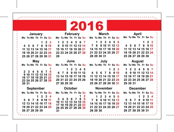 Taschenkalender 2016. Vorlagenraster. horizontale Orientierung Wochentage — Stockvektor