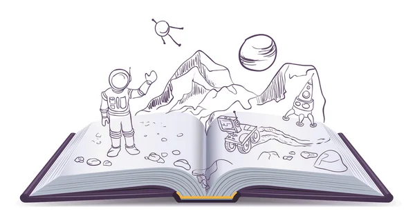 Відкриття книги марсіанського. Наукова фантастика, простору — стоковий вектор