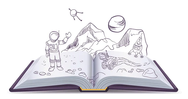 Libro abierto Marciano. Espacio de ciencia ficción — Vector de stock