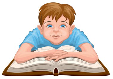 Çocuk okuma kitabı. Çocuk açık bir kitap önünde oturur
