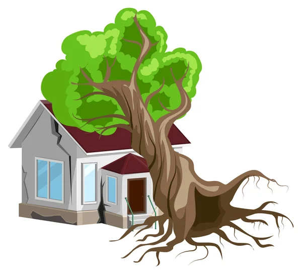 Maison détruite. L'arbre est tombé sur la maison. Fissures dans les murs de la maison. Assurance de biens . — Image vectorielle