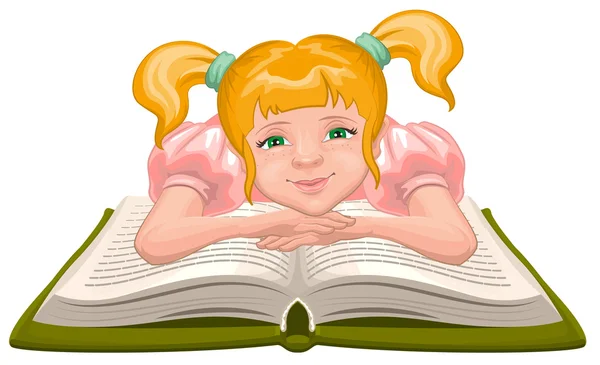 Una chica leyendo libro. Niño se sienta delante de un libro abierto — Vector de stock