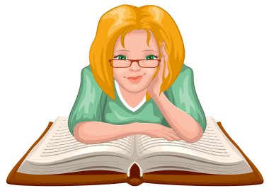 Kadın kitap okumak. Gözlüklü genç kadın elleri üzerinde açık bir kitap yerleştirilir.