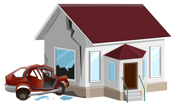 Car crash. Auto crashed into wall at home. Property insurance — Stock Vector