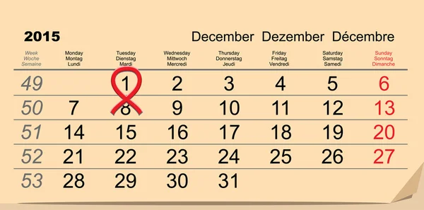 1 dicembre 2015 Giornata Mondiale dell'AIDS. Nastro rosso simbolo. Promemoria data calendario — Vettoriale Stock