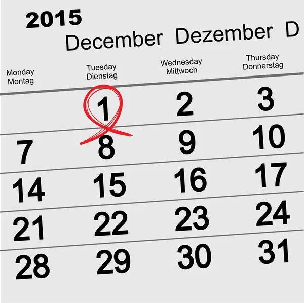 1er décembre 2015 Journée mondiale du sida. Ruban rouge symbole. Rappel de date calendrier — Image vectorielle