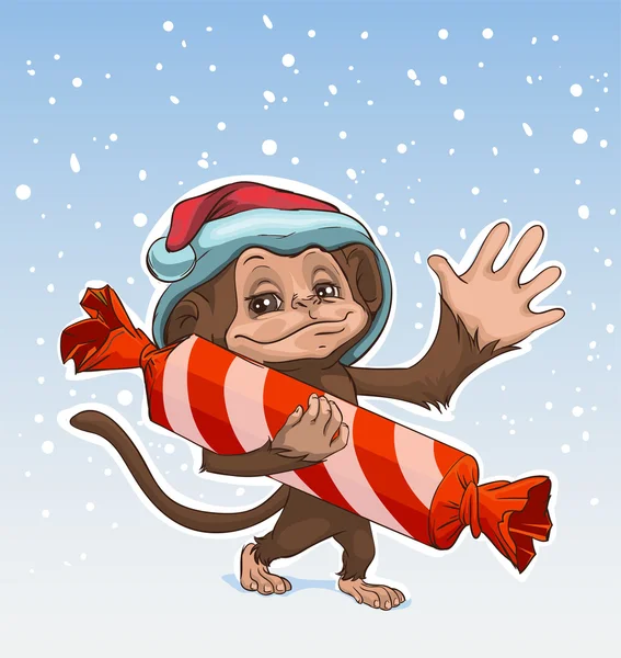 Symbol małpy 2016. Małpa ma wielki cukierki. Małpa w Santa kapelusze pozdrowienie — Wektor stockowy