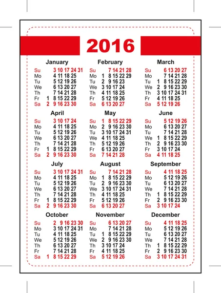 Calendrier de poche 2016. Premier jour dimanche. Orientation verticale jours de la semaine — Image vectorielle