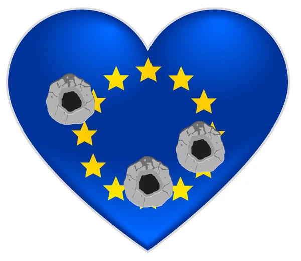 Kogelgaten in hart van de Europese Unie vlag — Stockvector