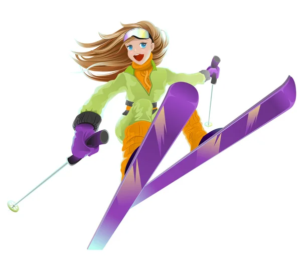 Skiing. Beautiful young happy girl flies on skis — Stock Vector