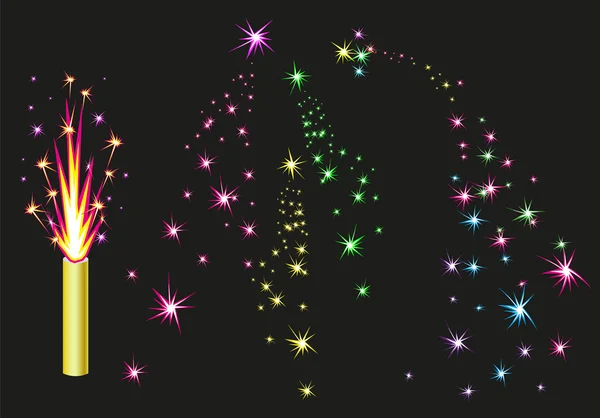 Fireworks fontän. Färgglada fyrverkerier gnistor på svart bakgrund — Stock vektor