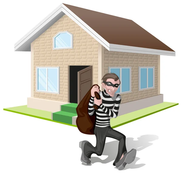 Ladrón en la máscara lleva bolsa. Ladrón roba la casa. Seguro de propiedad — Vector de stock