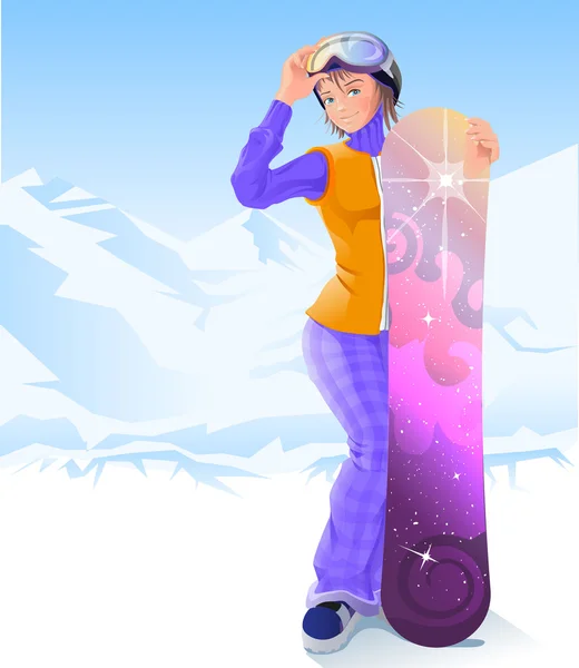 女孩和滑雪板。冬季运动 — 图库矢量图片
