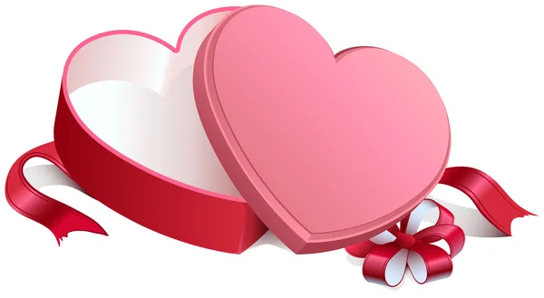 Różowy otwarte pudełko w kształcie serca. Otwórz pudełko, związany z kokardą — Wektor stockowy