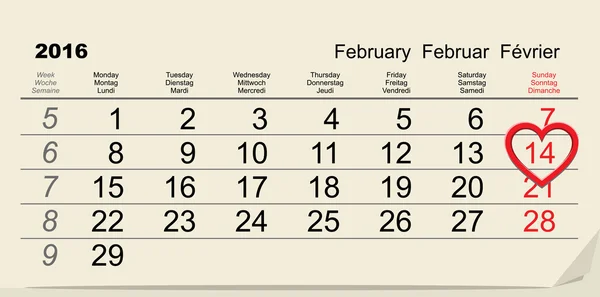 14 febbraio 2016 Calendario San Valentino — Vettoriale Stock