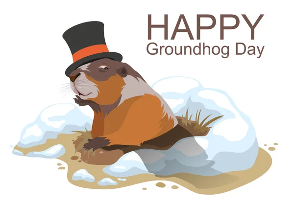 Ευτυχισμένη ημέρα Groundhog. Μαρμότα σκαρφάλωσε έξω από την τρύπα και χασμουρητά — Διανυσματικό Αρχείο