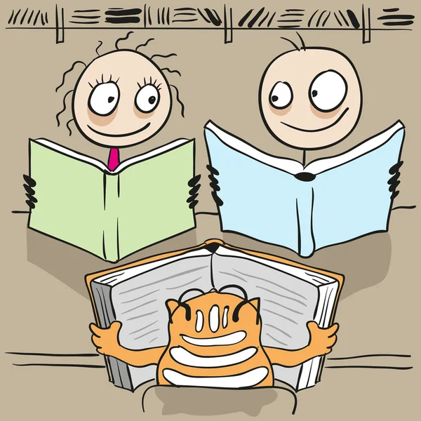 Mann, Frau und Katze lesen Buch in Bibliothek — Stockvektor