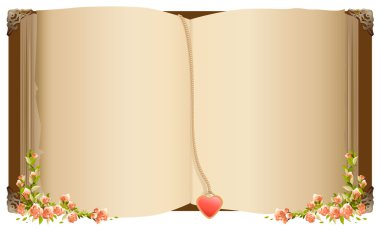 Kalp şeklinde yer işareti ile eski açık kitap. Çiçeklerle süslenmiş retro eski kitap