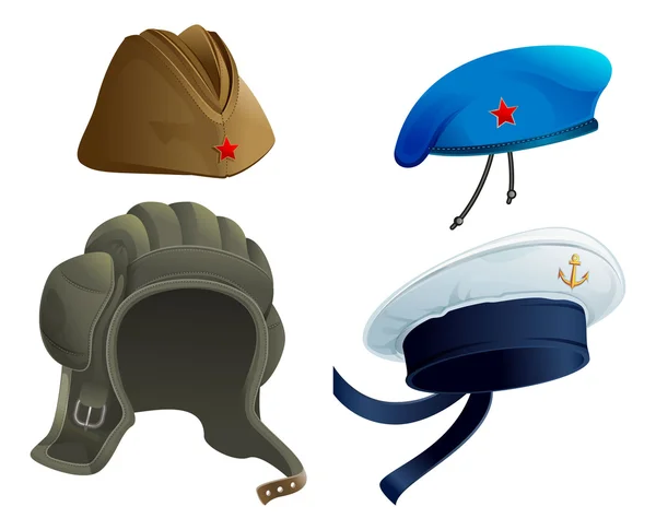 설정된 군사 군대 머리 장식입니다. 러시아 군 수비대 모자입니다. 현대 군사 모자 — 스톡 벡터