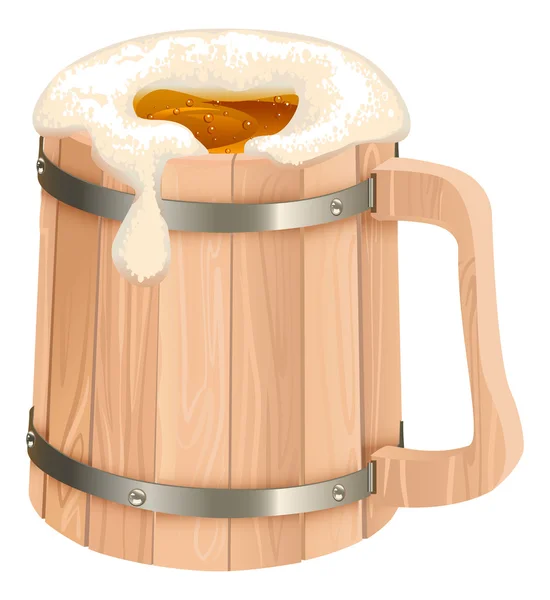 Wooden beer mug. Mug of beer foam — Stock Vector