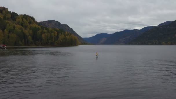 Kvinna Paddling Sup Styrelse Teletskoye Lake Altai Bergen Sibirien Ryssland — Stockvideo