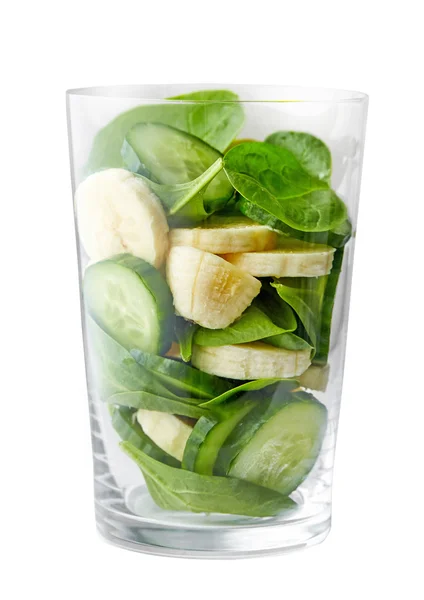 Vidro de ingredientes smoothie verde — Fotografia de Stock