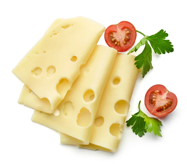 Rebanadas de queso sobre fondo blanco —  Fotos de Stock
