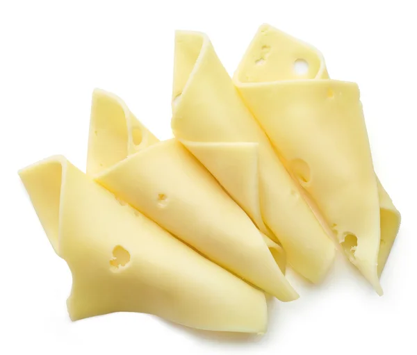 흰 배경에 달린 치즈 조각들 — 스톡 사진