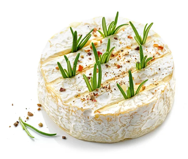 Queso Brie Fresco Entero Con Romero Especias Listo Para Hornear —  Fotos de Stock