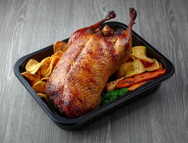 Duck Roast Vegetables Plastic Take Away Container Grey Table — Stock Photo, Image