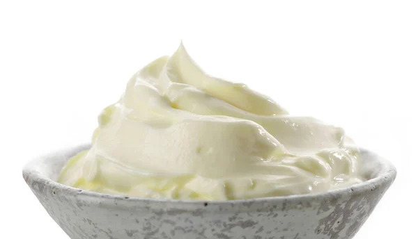 Gros Plan Bol Crème Mascarpone Fouetté Isolé Sur Fond Blanc — Photo