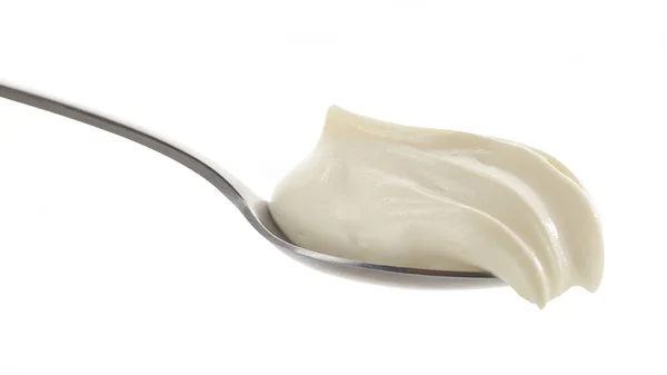 Lepel Slagroom Mascarpone Geïsoleerd Witte Achtergrond — Stockfoto