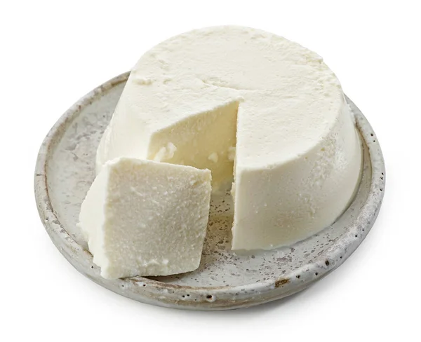 Placă Brânză Proaspătă Ricotta Izolată Fundal Alb — Fotografie, imagine de stoc