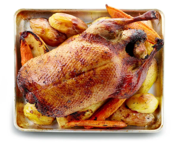 Freshly Roasted Duck Vegetables Oven Pan Isolated White Background Top — Fotografia de Stock