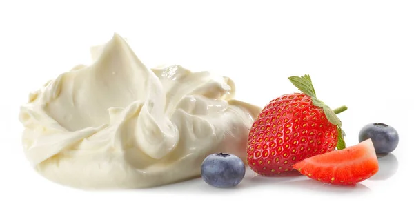 Whipped Mascarpone Cream Cheese Fresh Berries Isolated White Background — Stock Photo, Image