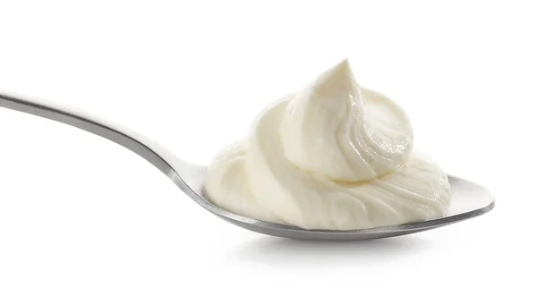 Spoon Whipped Mascarpone Cheese Cream Isolated White Background — Stock Photo, Image