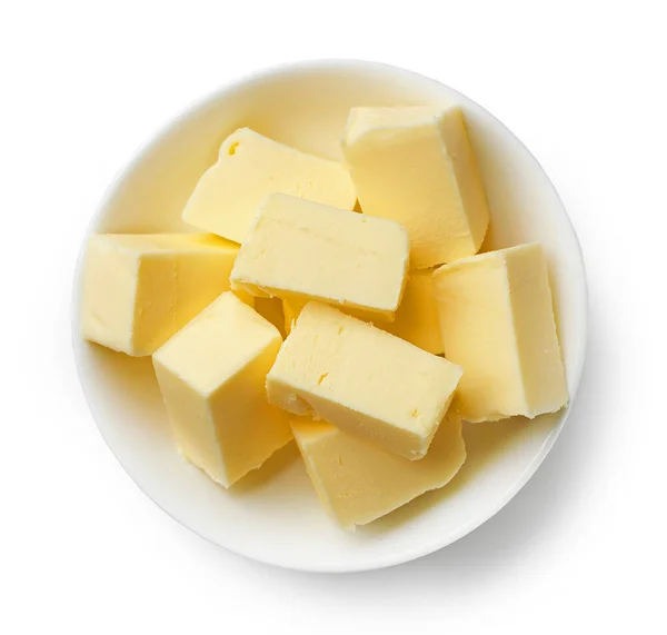 Bowl Fresh Butter Pieces Isolated White Background Top View — Stock Photo, Image