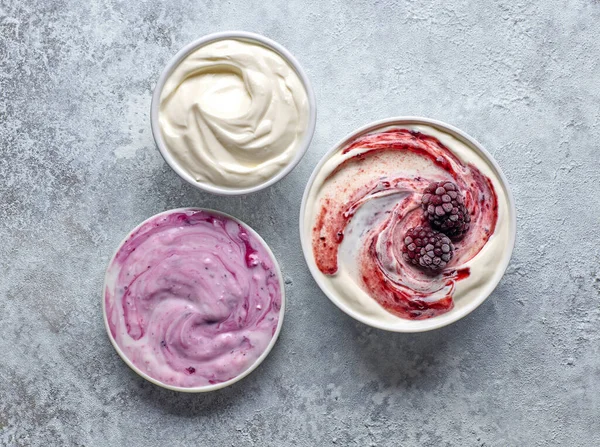 Bowls Various Yogurts Top View — Stock Photo, Image