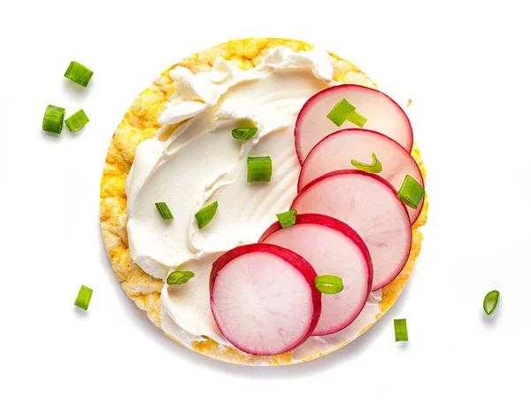 Gluten Free Corn Cake Cream Cheese Radish Healthy Breakfast Isolated — Stock Photo, Image