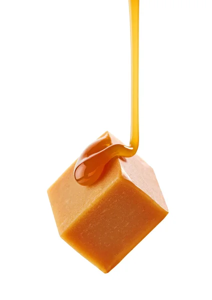 Caramel Sauce Flowing Flying Caramel Candy Isolated White Background — Stock Photo, Image