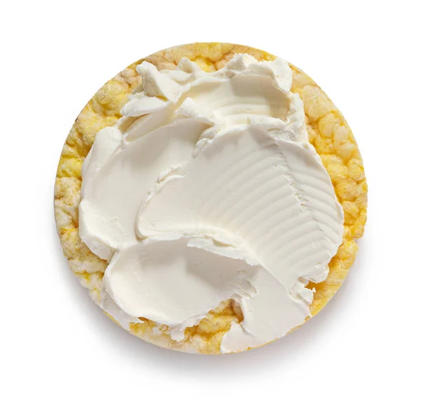 无麸质玉米蛋糕 奶油奶酪 用于健康早餐 背景为白色 顶部视图 — 图库照片